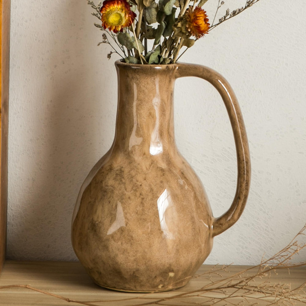 Tanvecle Blue Ceramic Vase with 2 Handles, Modern Farmhouse Decor, Rustic Terracotta Pottery, Decorative Flower Vases, Clay Small Vase, Centerpiece for Dining Table - 7 Inch Tall