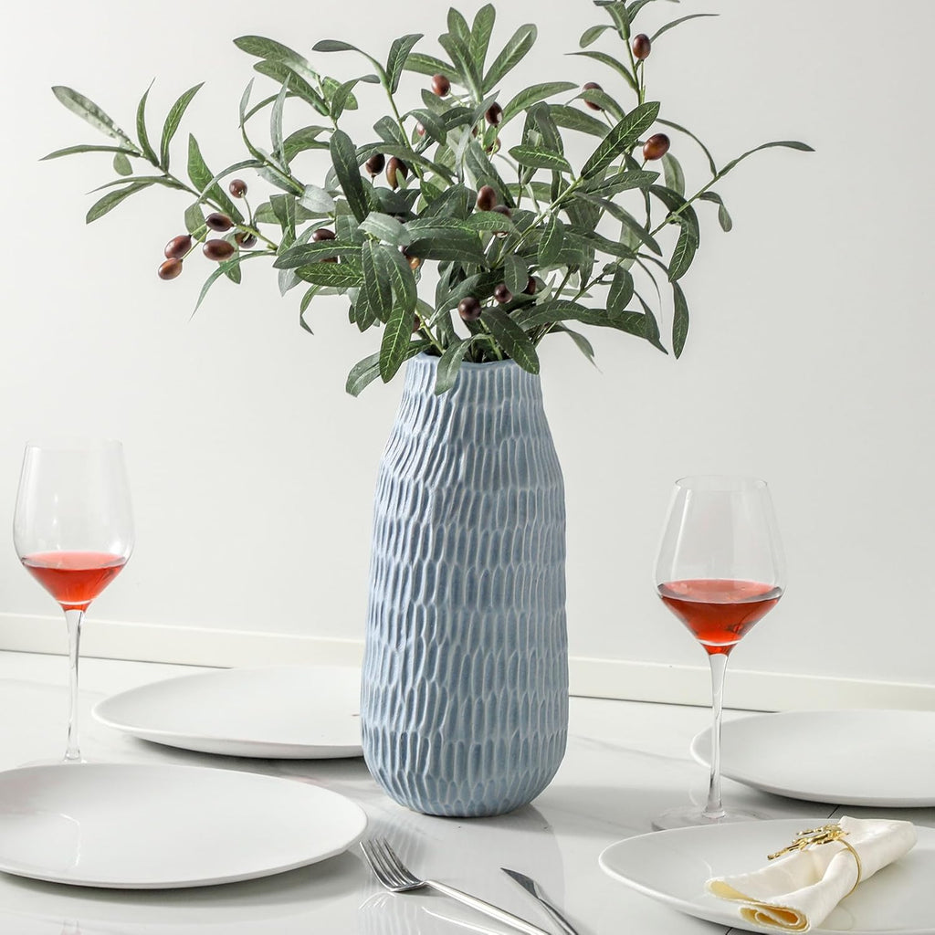 Uiddo 12.6 Inch Mat Blue Modern Handmade Ceramic Vase, Rustic Farmhouse Decorative Flower Vases for Home Decor,Pampas Grass Bouquet, Living Room,Kitchen,Office,Bedroom,Centerpiece Table Decorations
