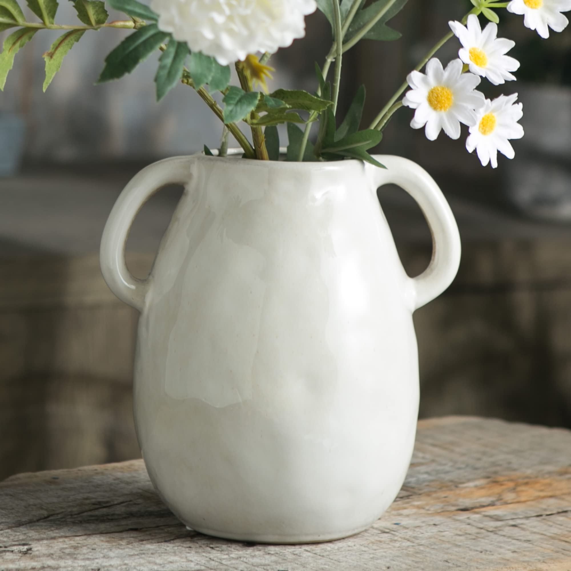 Tanvecle Blue Ceramic Vase with 2 Handles, Modern Farmhouse Decor, Rustic Terracotta Pottery, Decorative Flower Vases, Clay Small Vase, Centerpiece for Dining Table - 7 Inch Tall