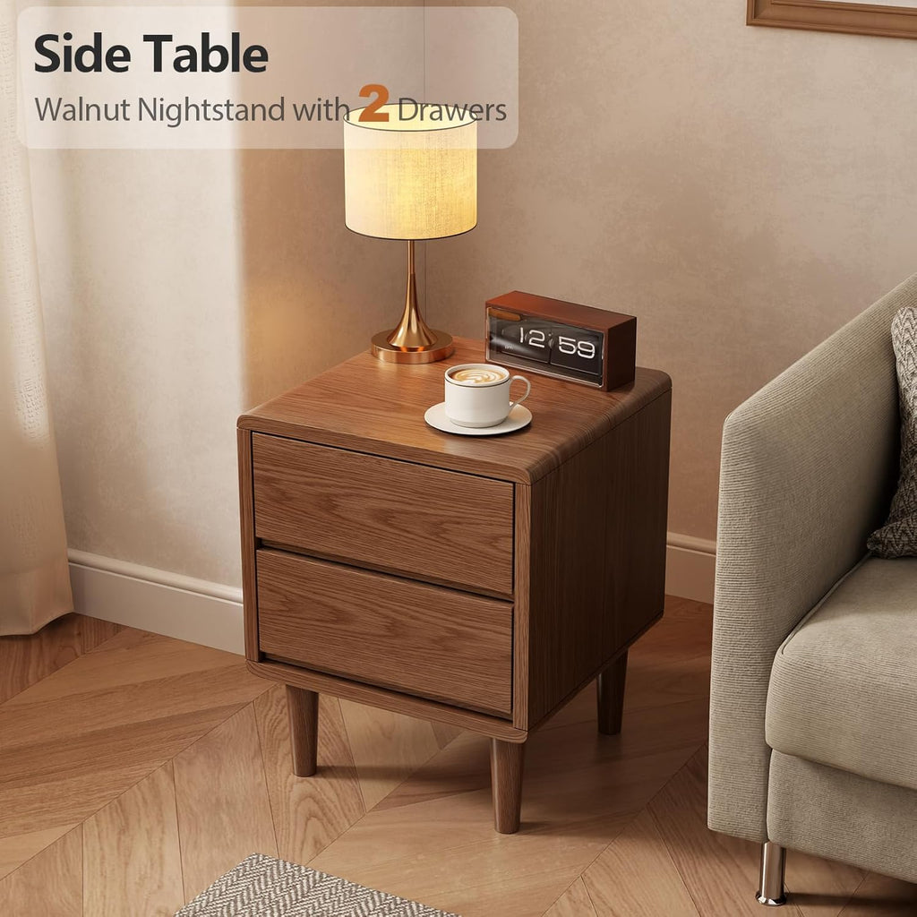 Solid Wood Nightstand, Walnut Nightstand with Drawers Mid Century Modern Night Stand,Wood Night Stands,Small Bedside Table for Bedroom, Dorm and Living Room, Walnut Bedside Table