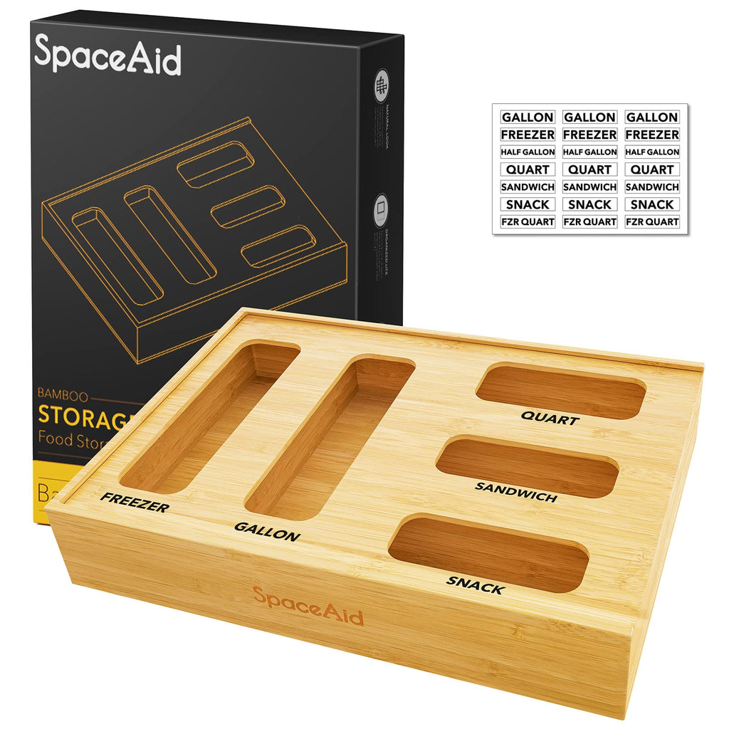 SpaceAid Bag Storage Organizer for Kitchen Drawer, Bamboo Organizer, Compatible with Gallon, Quart, Sandwich and Snack Variety Size Bag (1 Box 4 Slots), 2.5" High