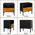 Bme Vivian Solid Wood Nightstand, End Table, Bedside Table with Herringbone Pattern for Rustic Bedroom, Easy Assembly, Rustic Golden Brown and Black