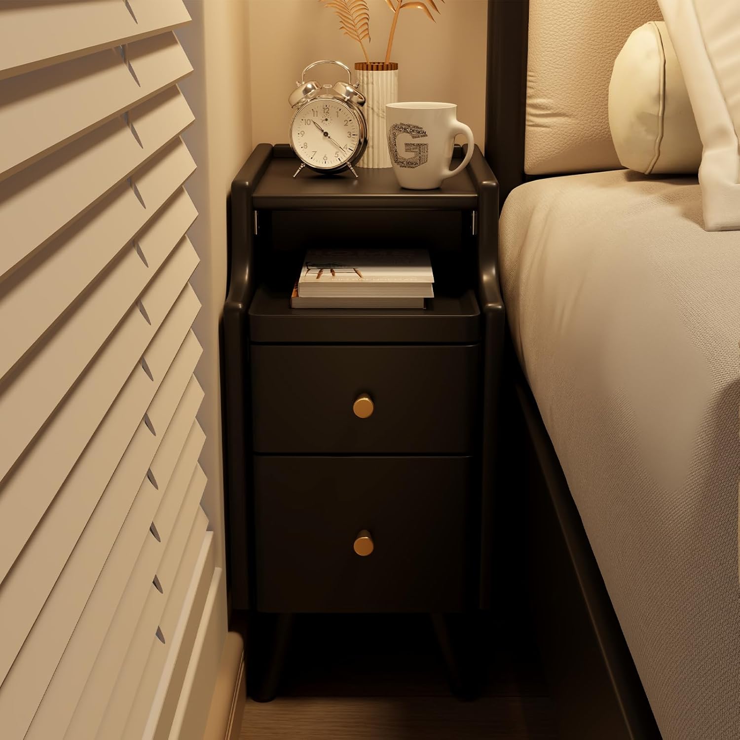 AQIMUELE Small Nightstand with Drawers, Solid Wood Bedside Table, Narrow Walnut Nightstand for Bedroom