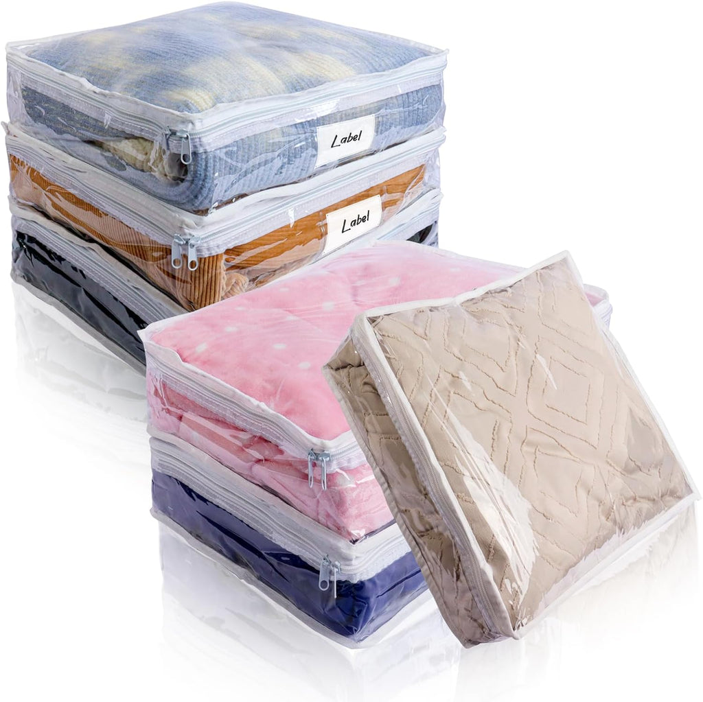 Clear Zippered Storage Bags Plastic Sweater Storage Bags with Zipper 6 Packs Clothing Organizer for Blankets Linen Sweater Bed Sheet Quilt Clothes Pillow (15.7 x 13.8 x 3.9 Inch, White)