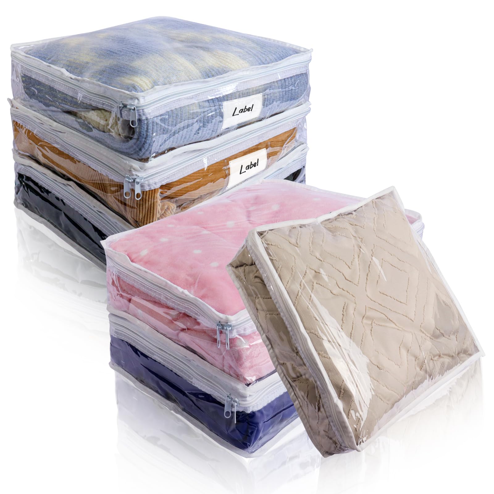 Clear Zippered Storage Bags Plastic Sweater Storage Bags with Zipper 6 Packs Clothing Organizer for Blankets Linen Sweater Bed Sheet Quilt Clothes Pillow (15.7 x 13.8 x 3.9 Inch, White)