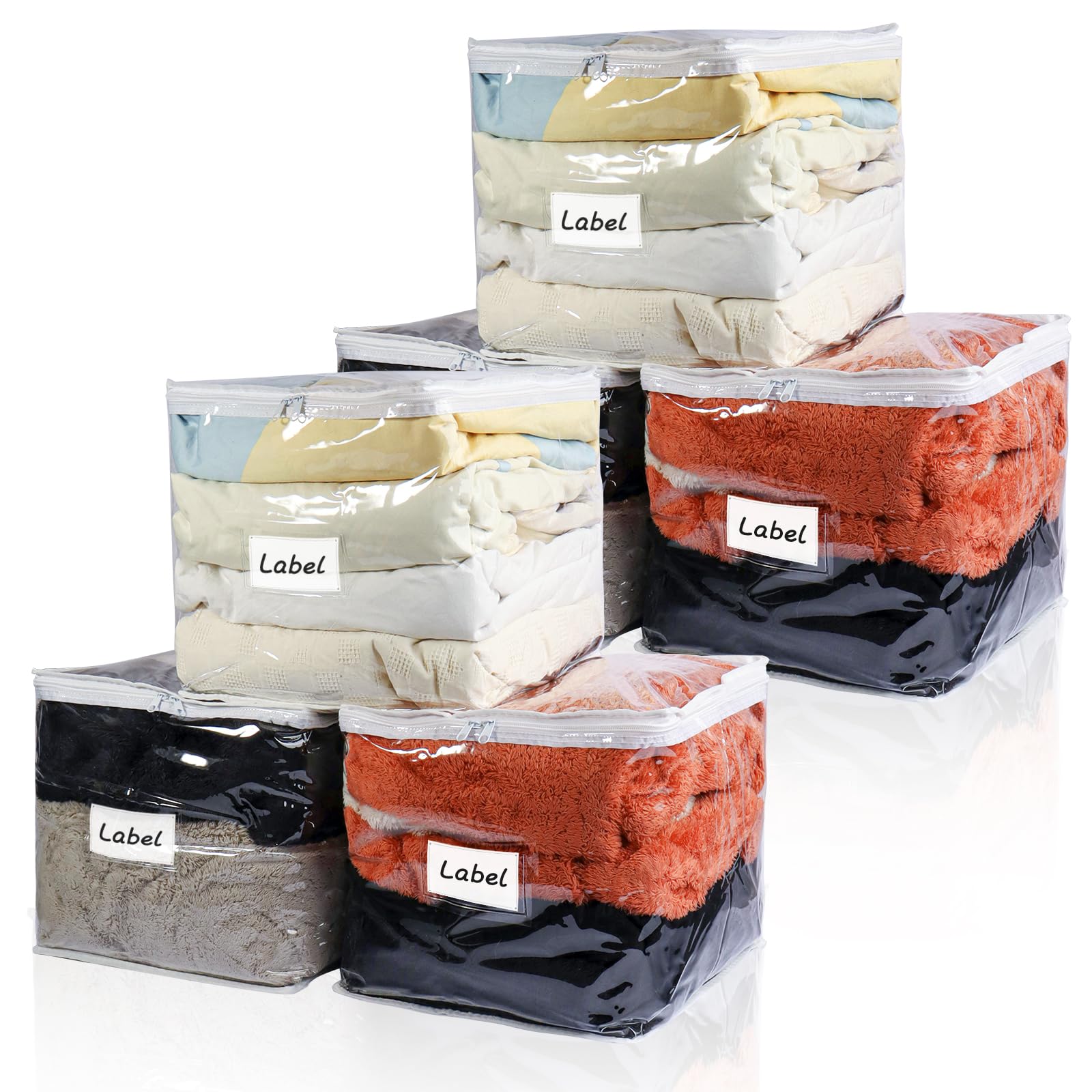 Clear Zippered Storage Bags Plastic Sweater Storage Bags with Zipper 6 Packs Clothing Organizer for Blankets Linen Sweater Bed Sheet Quilt Clothes Pillow (15.7 x 13.8 x 3.9 Inch, White)
