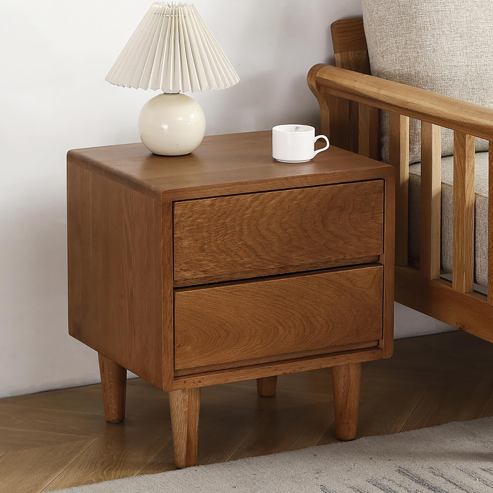 Solid Oak Wood Nightstand, Bedside Table with 2 Drawer, Mid-Century Luxury Night Stand, Modern Sofa Side End Table, Farmhouse Wooden Night Stand Bedside Table for Bedroom, Easy Assembly, Natural Color
