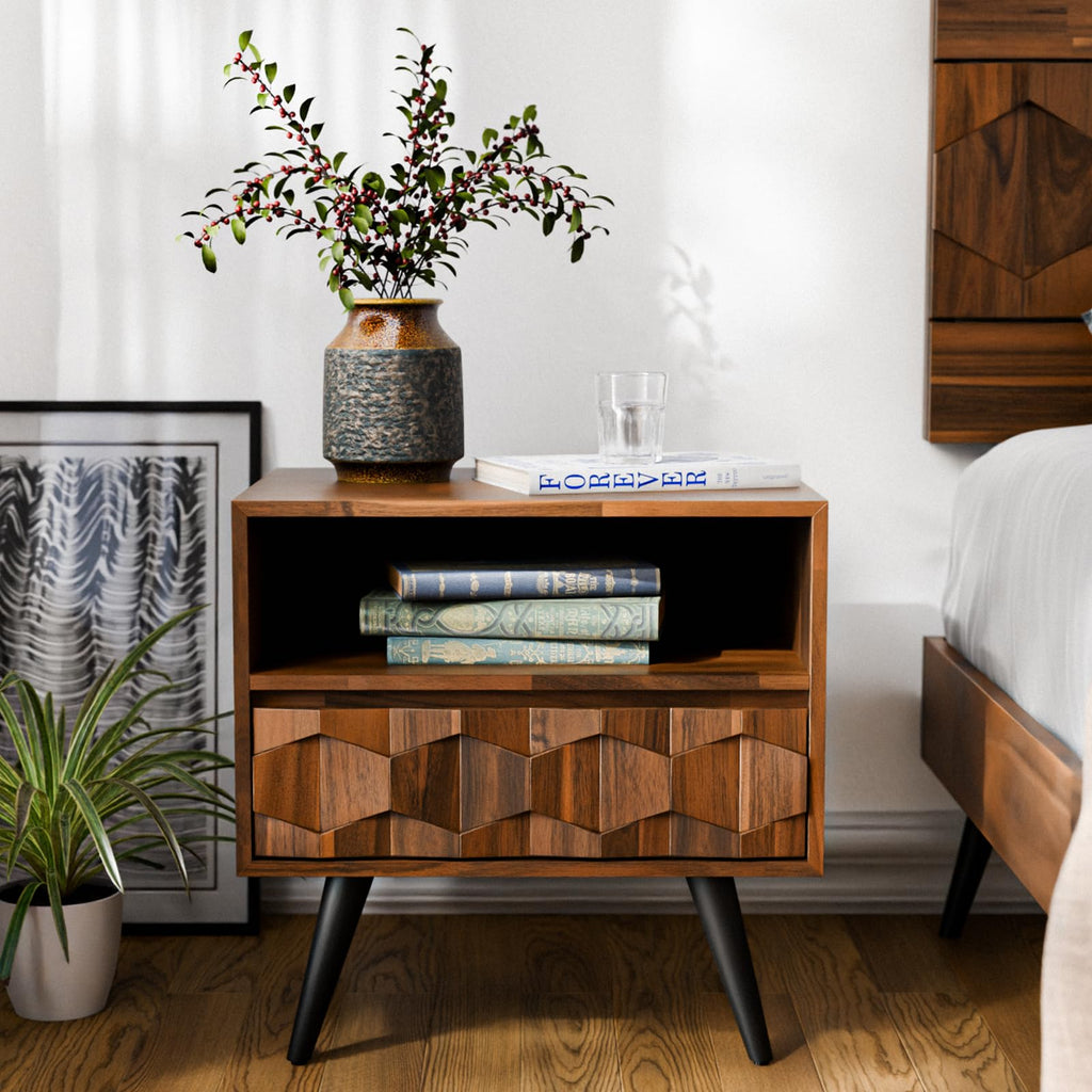 Bme Georgina Solid Wood Nightstand With 1 Drawer & Open Shelf- Fully Assembled Mid Century Modern Side Table - Geometric Pattern Bedside Dresser for Bedroom and Living Room