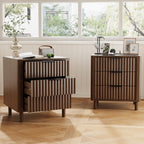 Fluted Nightstand with Charging Station, 2 Drawers Storage Bedside Table, Solid Wood Modern Nightstand with Open Shelf, Curved Profile Design, End Table for Indoor Room Bedroom Office, Oak