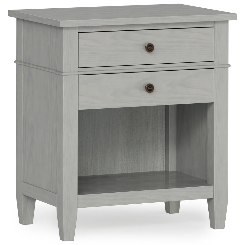 SIMPLIHOME Carlton Bedside Table - 24 inch Wide Solid Wood Nightstand Table in Rustic Natural Aged Brown, Transitional Bedroom Side or End Table with 2 Drawers, Open Storage Shelf and Bronze Hardware