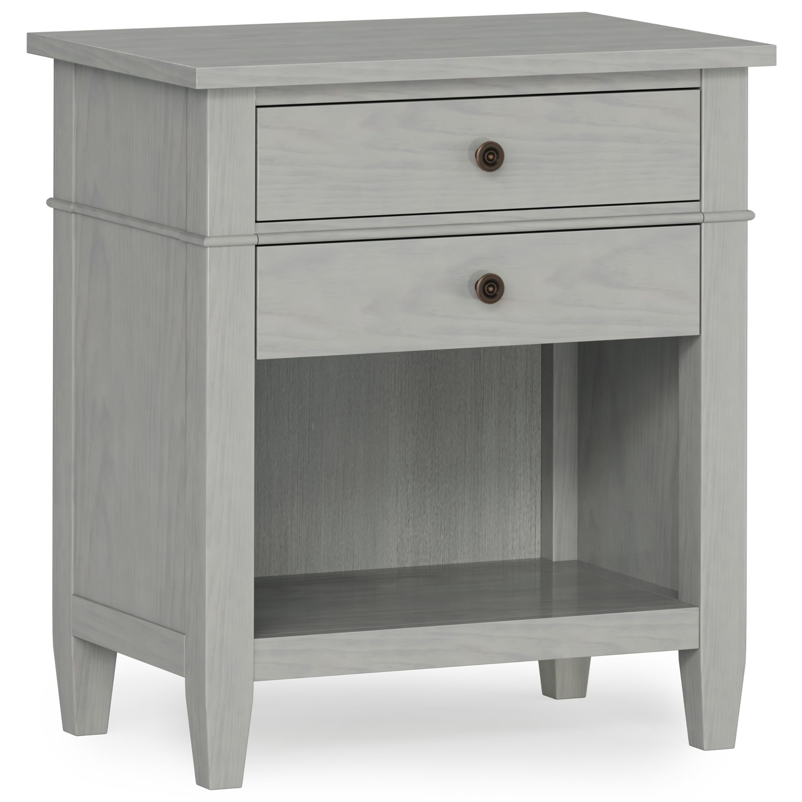 SIMPLIHOME Carlton Bedside Table - 24 inch Wide Solid Wood Nightstand Table in Rustic Natural Aged Brown, Transitional Bedroom Side or End Table with 2 Drawers, Open Storage Shelf and Bronze Hardware