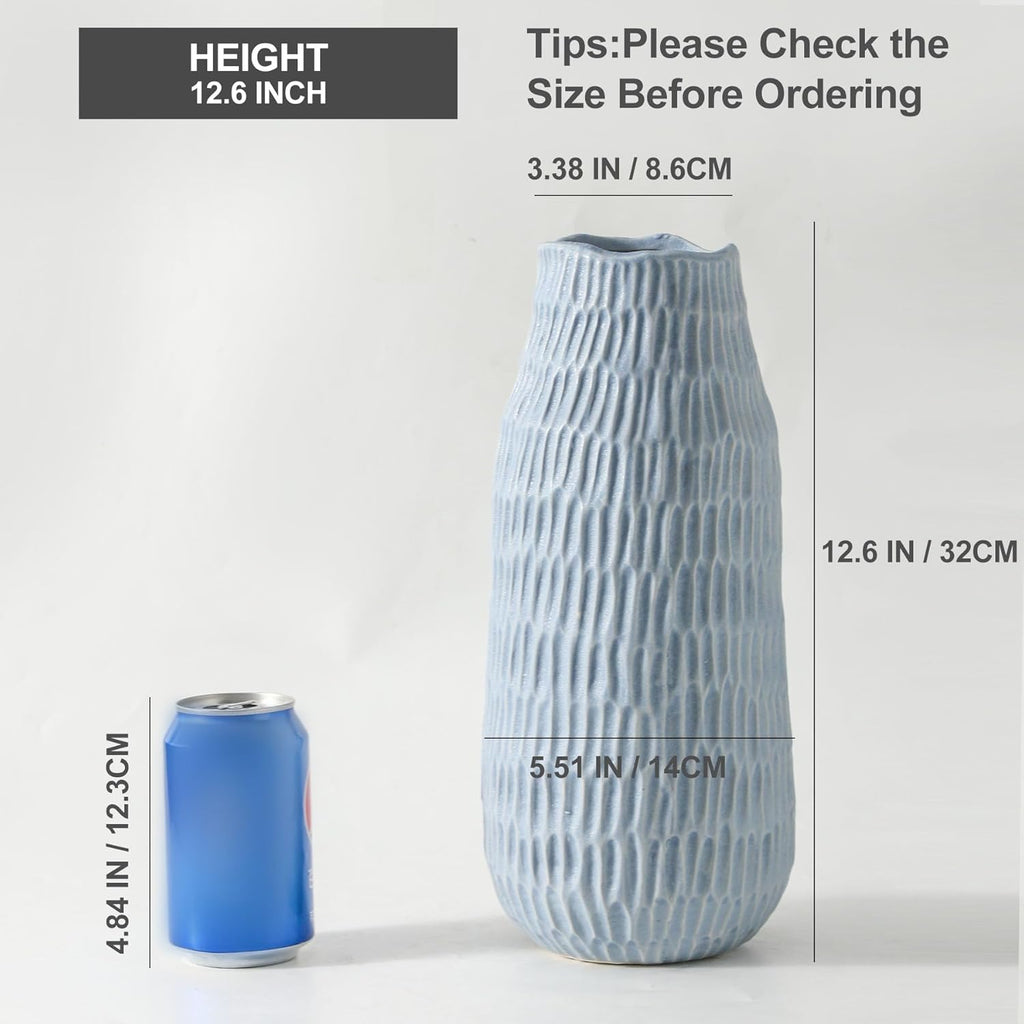 Uiddo 12.6 Inch Mat Blue Modern Handmade Ceramic Vase, Rustic Farmhouse Decorative Flower Vases for Home Decor,Pampas Grass Bouquet, Living Room,Kitchen,Office,Bedroom,Centerpiece Table Decorations