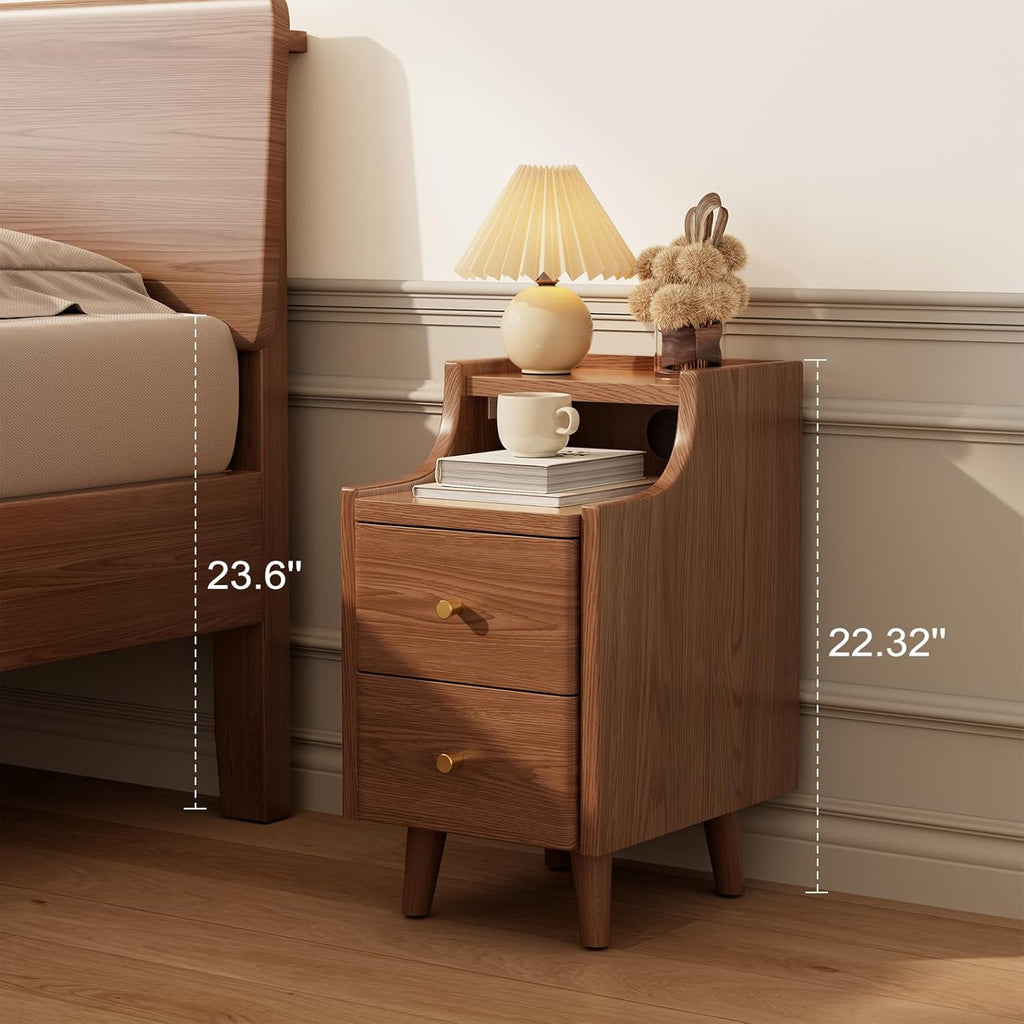 Narrow Nightstand with 2 Drawers,Walnut Nightstand,Bedside Table,Solid Wood Modern Bedside Table for Bedroom,Study,Toilet