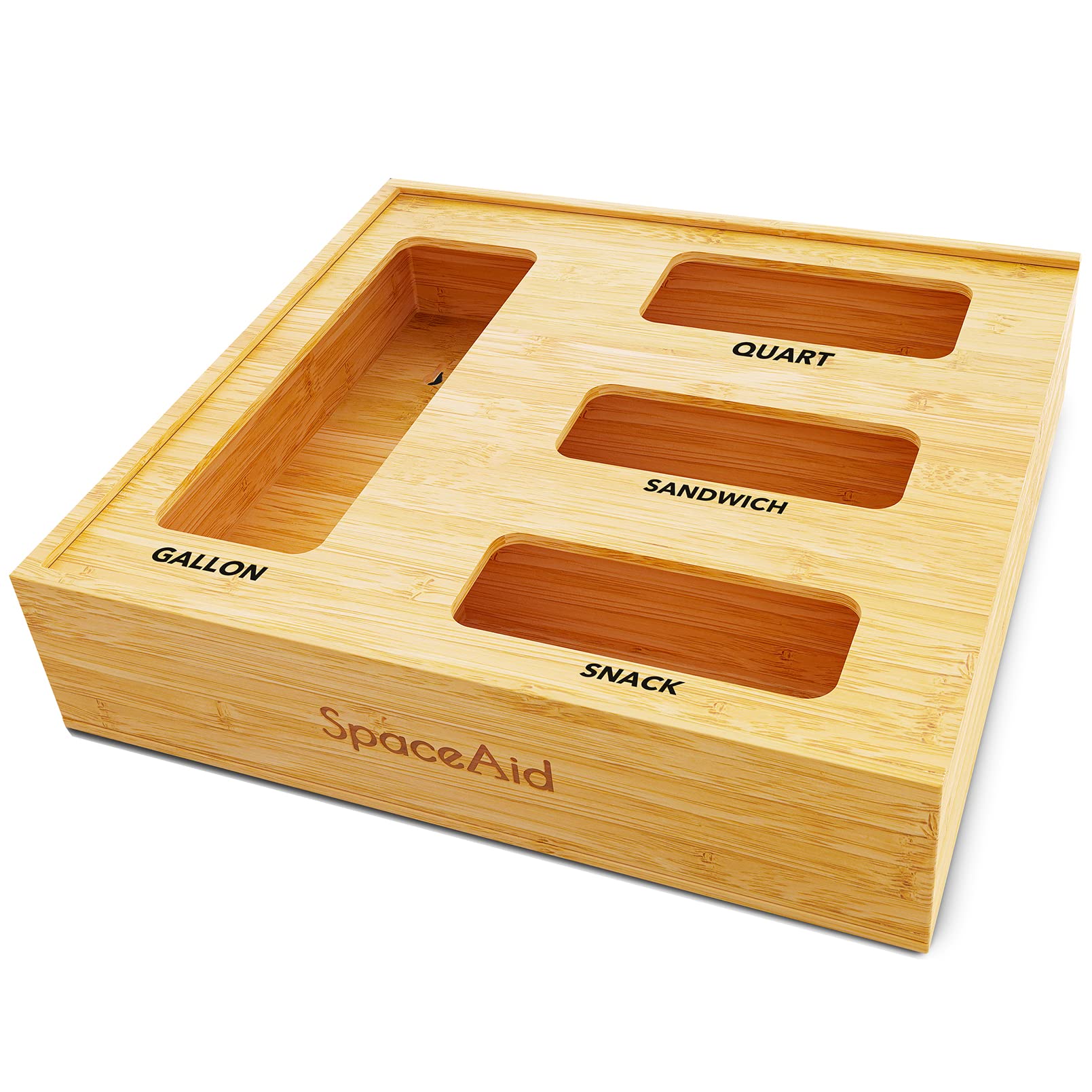SpaceAid Bag Storage Organizer for Kitchen Drawer, Bamboo Organizer, Compatible with Gallon, Quart, Sandwich and Snack Variety Size Bag (1 Box 4 Slots), 2.5" High