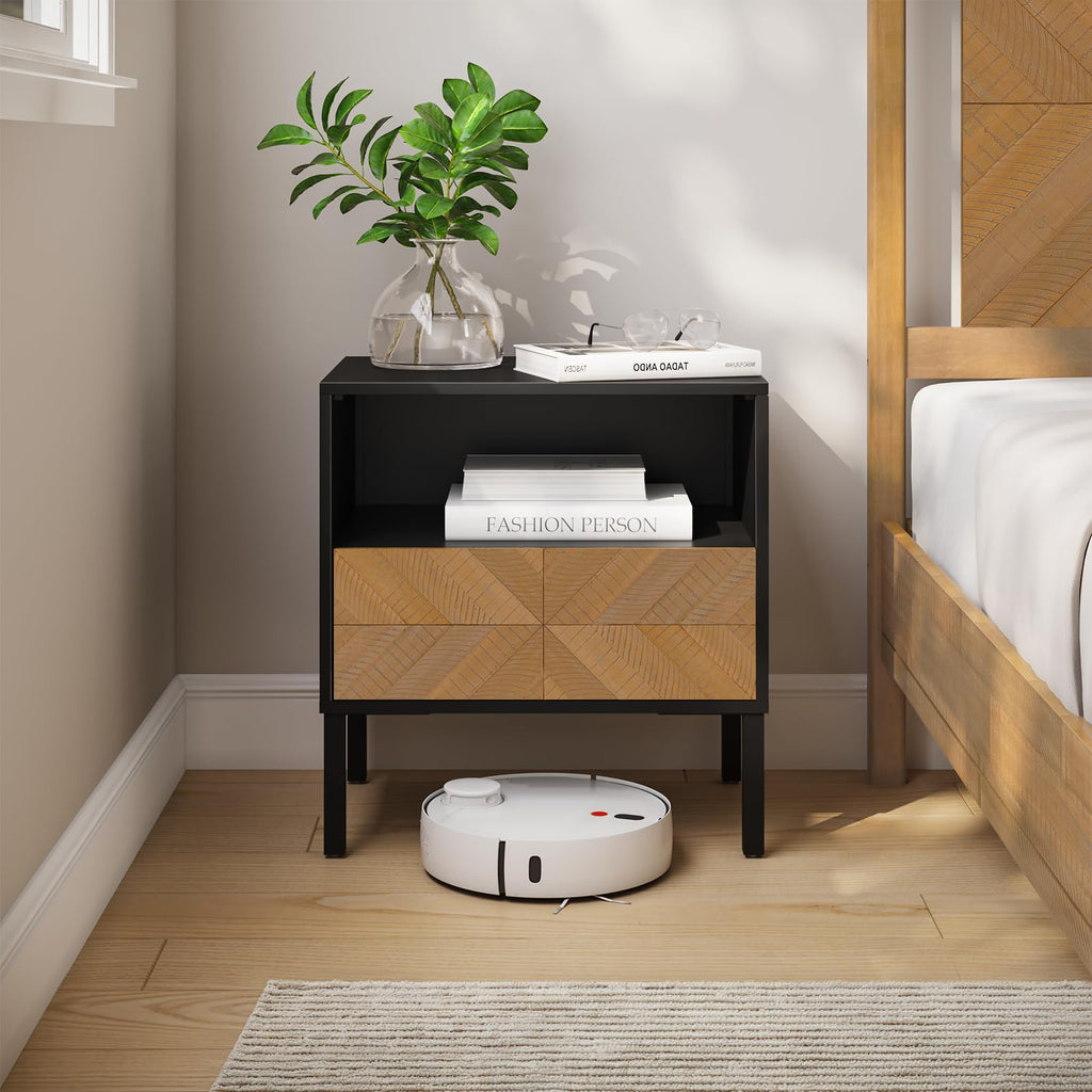Bme Vivian Solid Wood Nightstand, End Table, Bedside Table with Herringbone Pattern for Rustic Bedroom, Easy Assembly, Rustic Golden Brown and Black