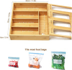 DUJEN Plastic Bag Organizer for Drawer, Bamboo Food Storage Bags Container Organizer with Slider, Baggie Bags Storage for Drawer Compatible with Gallon, Sandwich Variety Size Bags