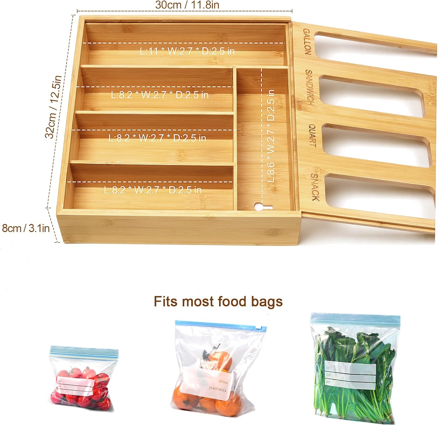 DUJEN Plastic Bag Organizer for Drawer, Bamboo Food Storage Bags Container Organizer with Slider, Baggie Bags Storage for Drawer Compatible with Gallon, Sandwich Variety Size Bags