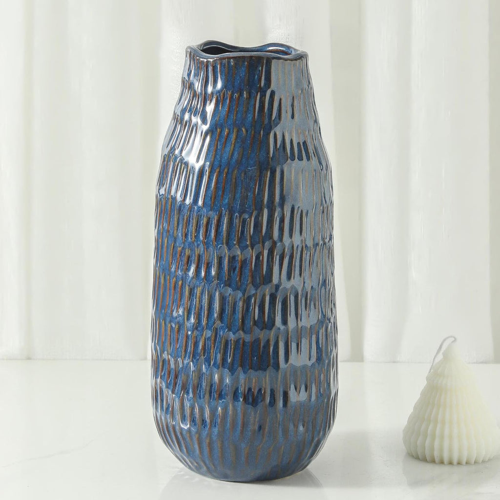 Uiddo 12.6 Inch Mat Blue Modern Handmade Ceramic Vase, Rustic Farmhouse Decorative Flower Vases for Home Decor,Pampas Grass Bouquet, Living Room,Kitchen,Office,Bedroom,Centerpiece Table Decorations