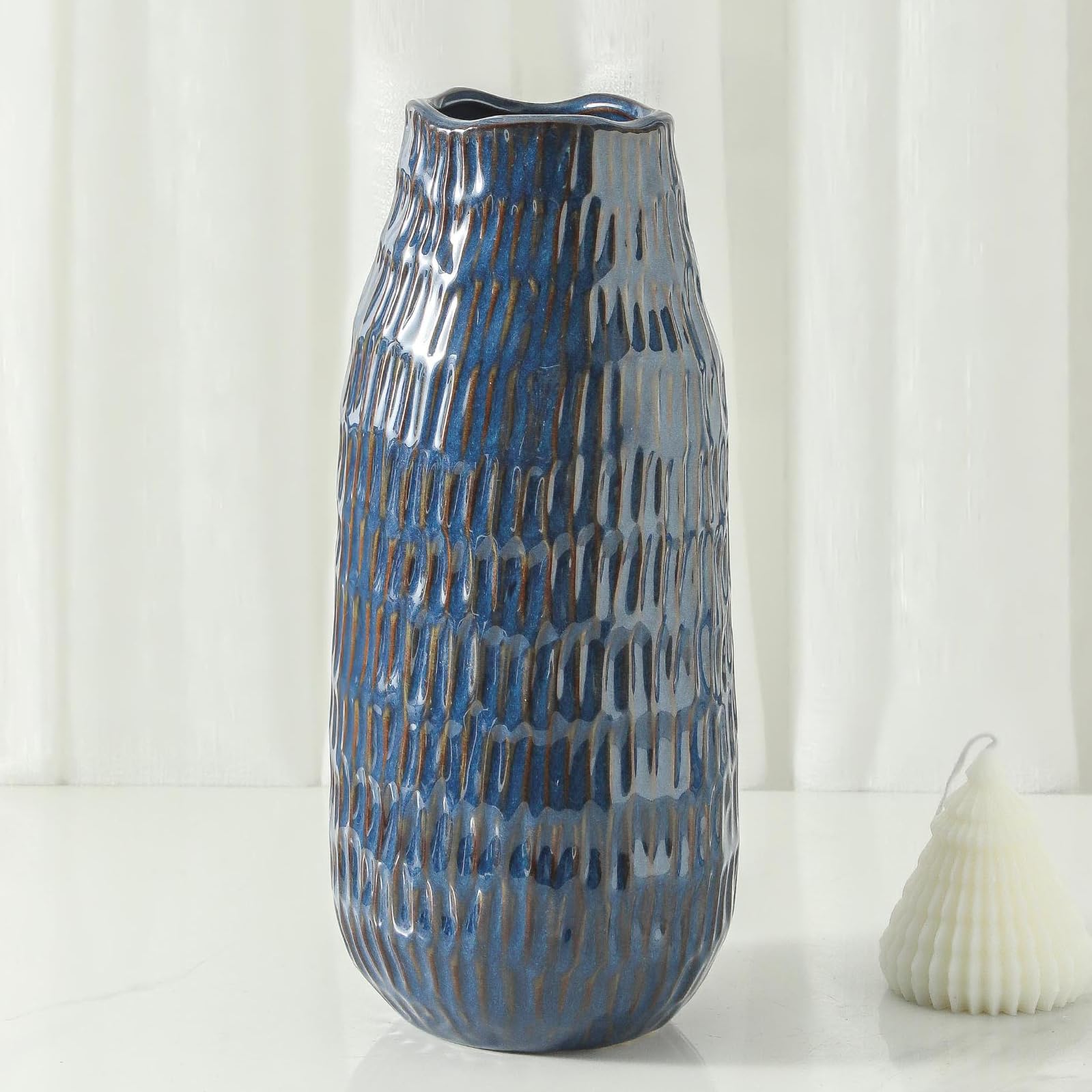 Uiddo 12.6 Inch Mat Blue Modern Handmade Ceramic Vase, Rustic Farmhouse Decorative Flower Vases for Home Decor,Pampas Grass Bouquet, Living Room,Kitchen,Office,Bedroom,Centerpiece Table Decorations