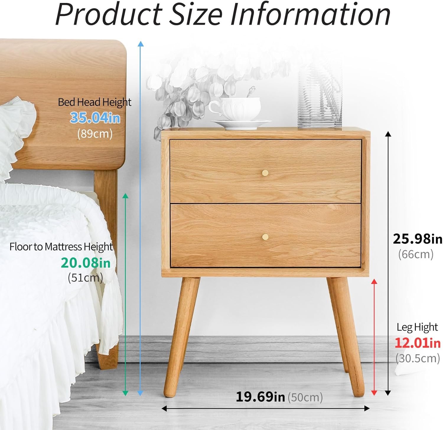 Night Stand, Midcentury Modern Solid Wood Nightstand with Drawer, Side Table with High Stool Leg, 25.98 H x 19.69 W x 15.75 D Inches (Mid-Century Modern)
