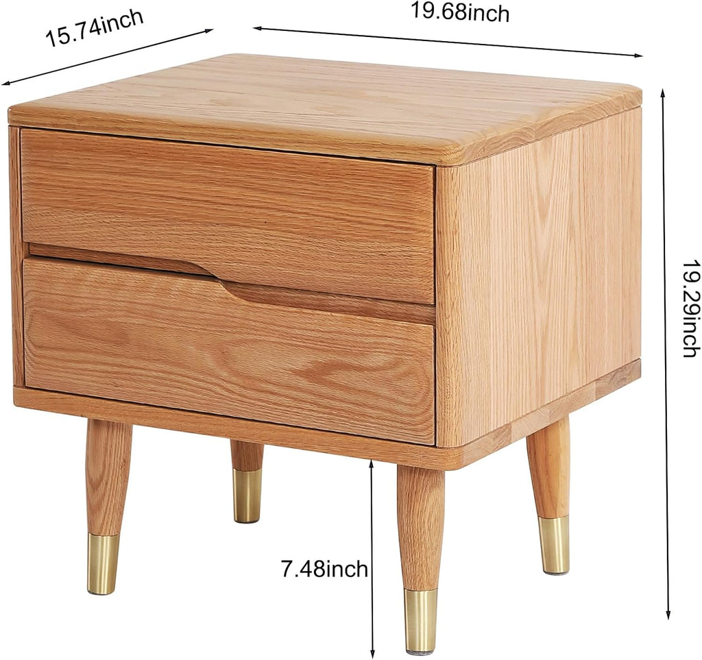 Solid Wood Nightstand,Oak Wooden Mid Century Night Stand with 2-Silent Drawer,Small Bedside Table for Bedroom, Living Room and Dorm (19.29H,Natura