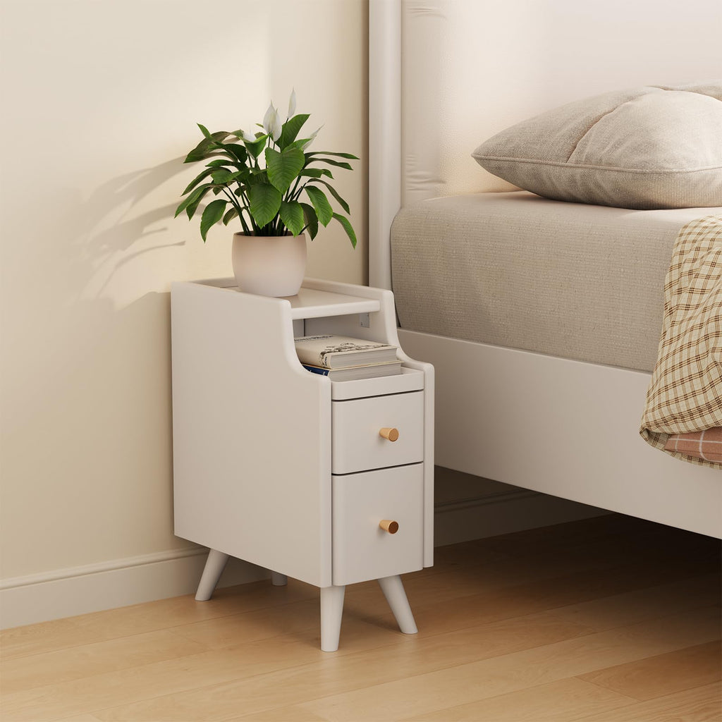 AQIMUELE Small Nightstand with Drawers, Solid Wood Bedside Table, Narrow Walnut Nightstand for Bedroom