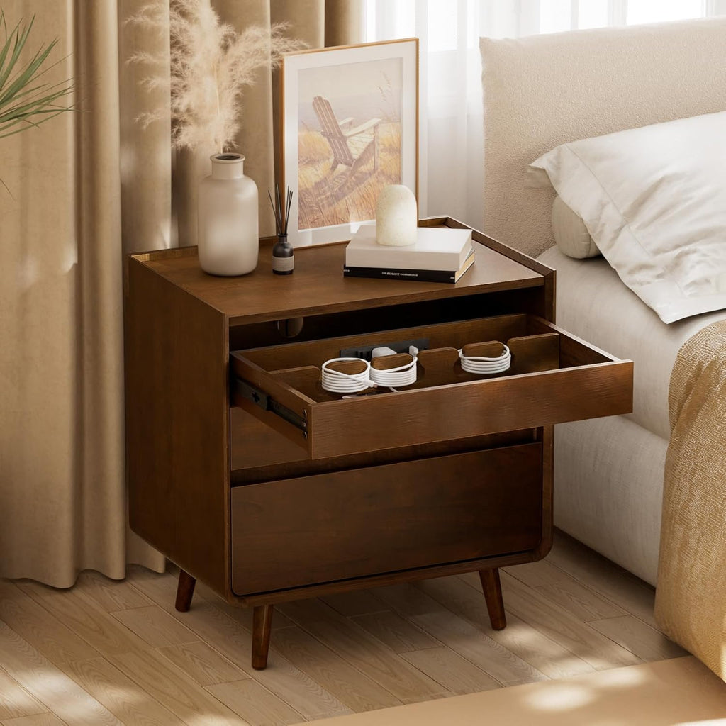 25.43" Walnut Finish Nightstand with Charging Station Mid Century Modern Night Stand with Leg Wood Bedside Table with Drawers Nightstand for Bedroom Dorm