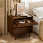 25.43" Walnut Finish Nightstand with Charging Station Mid Century Modern Night Stand with Leg Wood Bedside Table with Drawers Nightstand for Bedroom Dorm