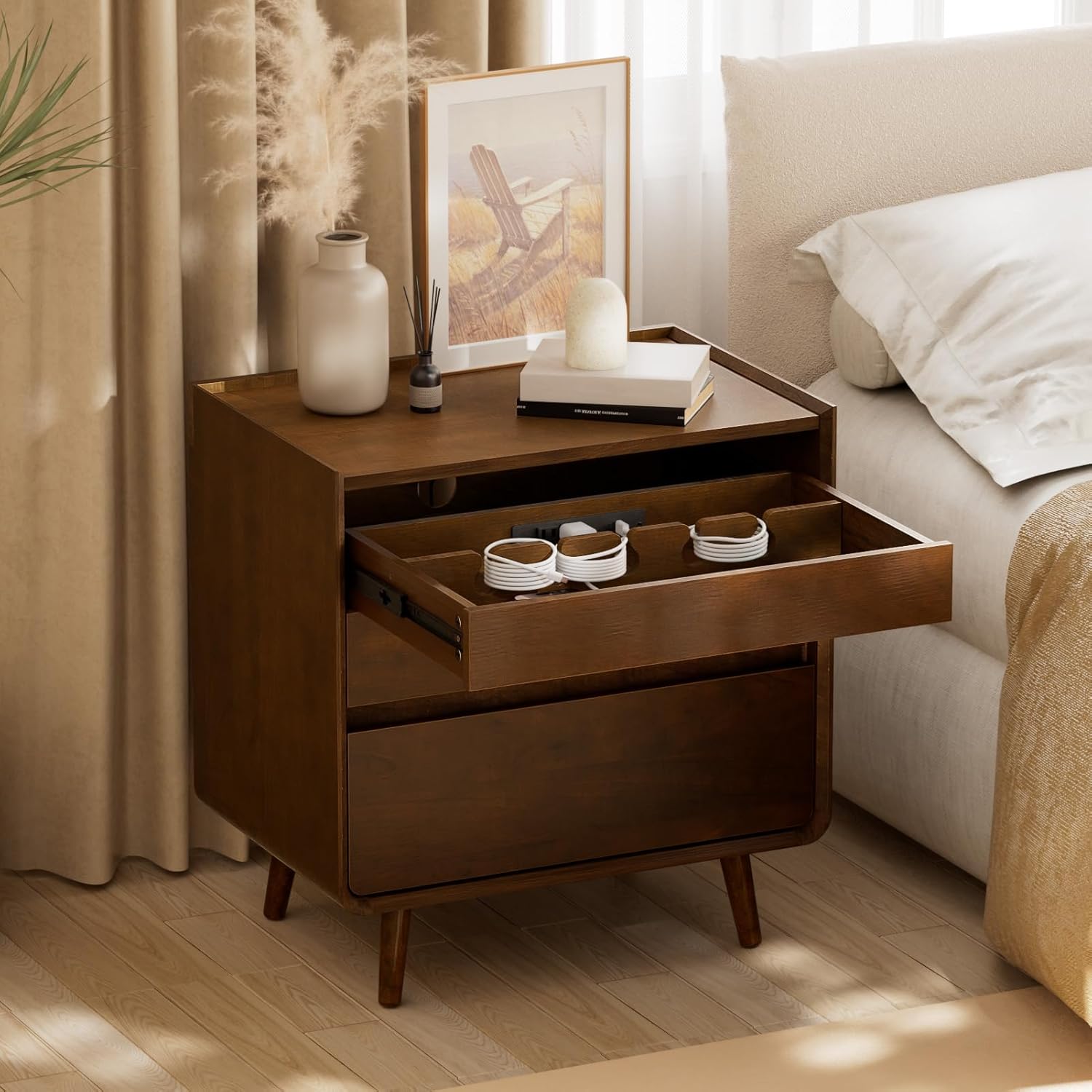 25.43" Walnut Finish Nightstand with Charging Station Mid Century Modern Night Stand with Leg Wood Bedside Table with Drawers Nightstand for Bedroom Dorm