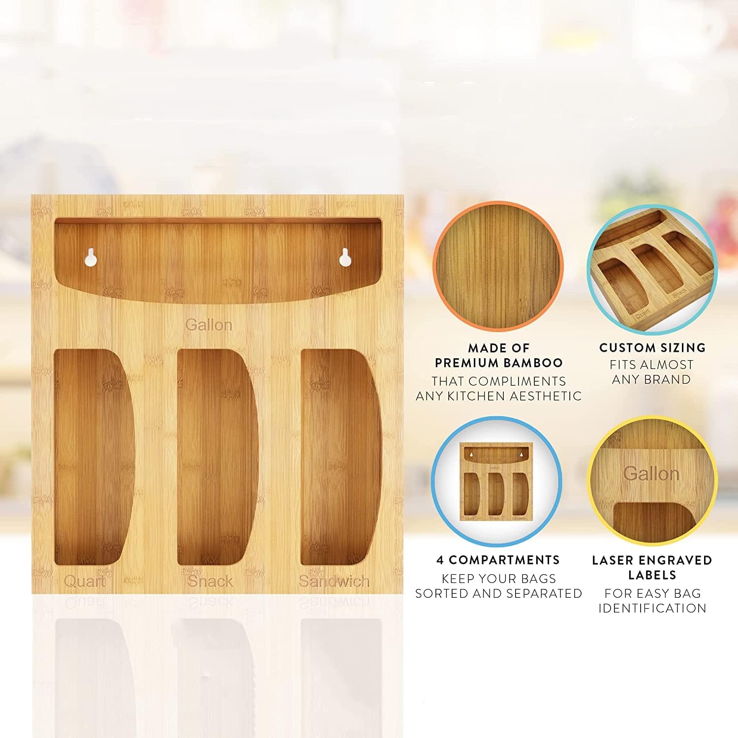 Bamboo Food Bag Storage Organizer for Kitchen Drawer, Baggie Holder for Solimo, Glad, Hefty Gallon, Quart, Sandwich and Snack Variety Size Bags (1 Box 4 Slots)