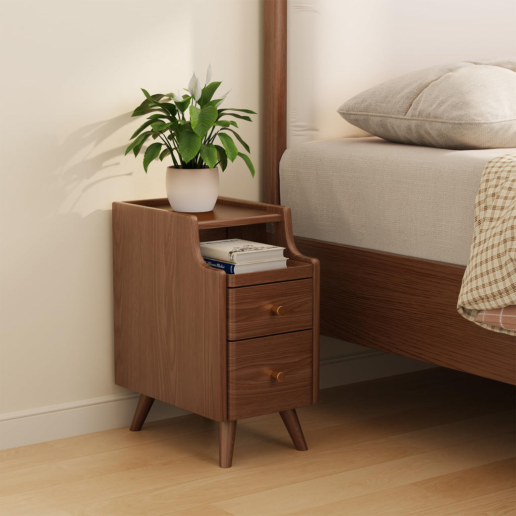 AQIMUELE Small Nightstand with Drawers, Solid Wood Bedside Table, Narrow Walnut Nightstand for Bedroom