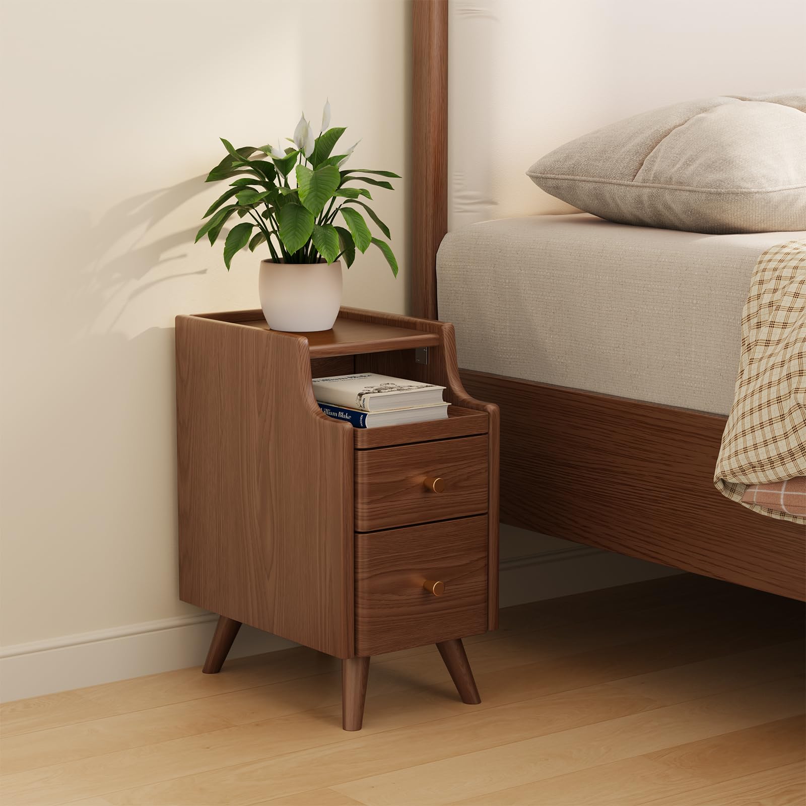 AQIMUELE Small Nightstand with Drawers, Solid Wood Bedside Table, Narrow Walnut Nightstand for Bedroom