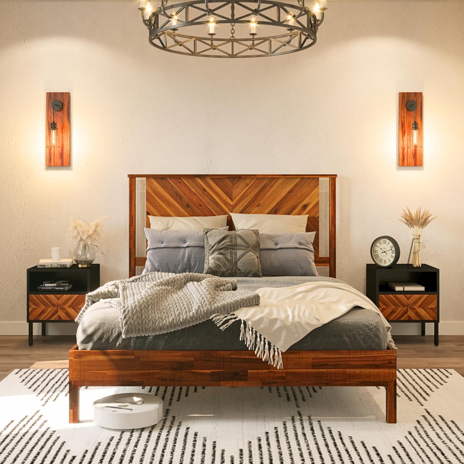 Bme Vivian Solid Wood Nightstand, End Table, Bedside Table with Herringbone Pattern for Rustic Bedroom, Easy Assembly, Rustic Golden Brown and Black