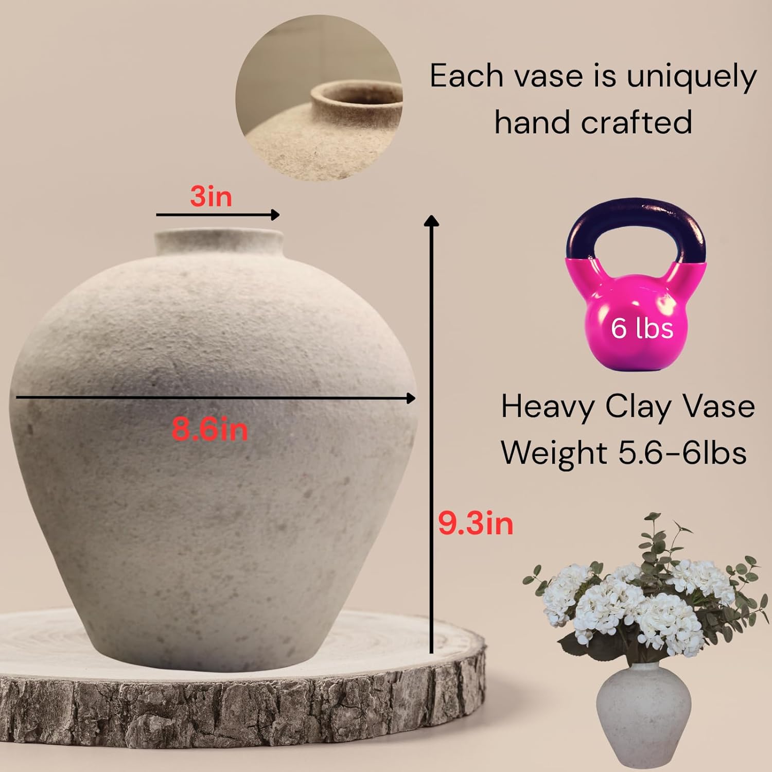Handemade Large Round Vase for Centerpieces, White Rustic Vase Farmhouse Decor, Distressed Textured for Home Decorations, Earthy Room Decor Aesthetic, Stone Look Ceramic Clay Pottery, 9 inch