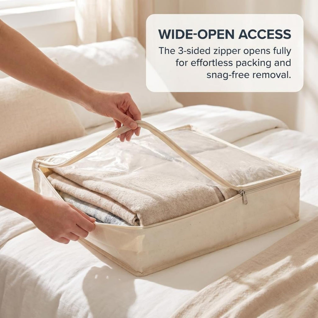 Household Essentials Canvas Sweater Storage Bags 2 Pack, Breathable Under Bed & Closet Organizer with Clear Window & Zipper, Soft-Sided Storage for Sweaters, Blankets & Linens
