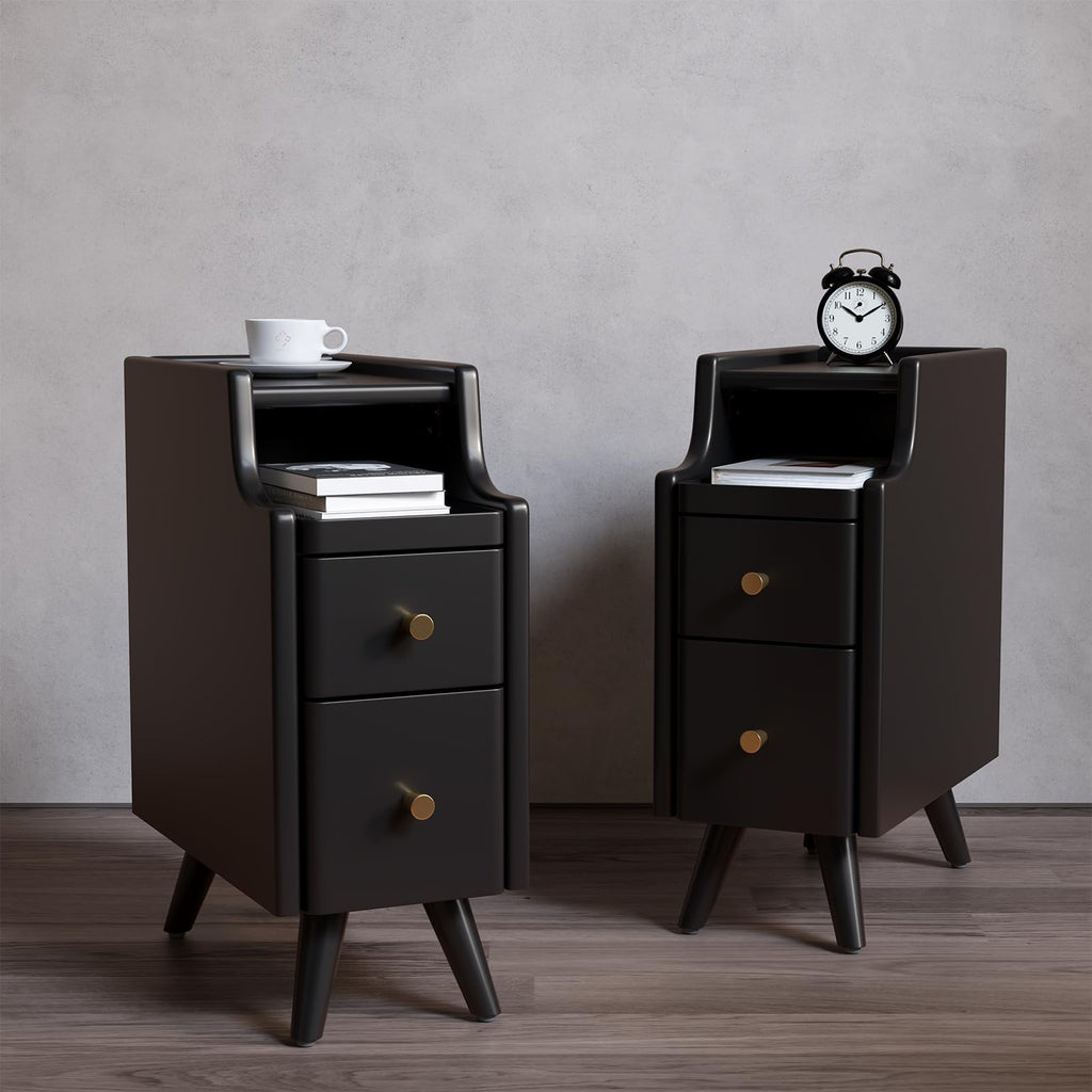 AQIMUELE Small Nightstand with Drawers, Solid Wood Bedside Table, Narrow Walnut Nightstand for Bedroom
