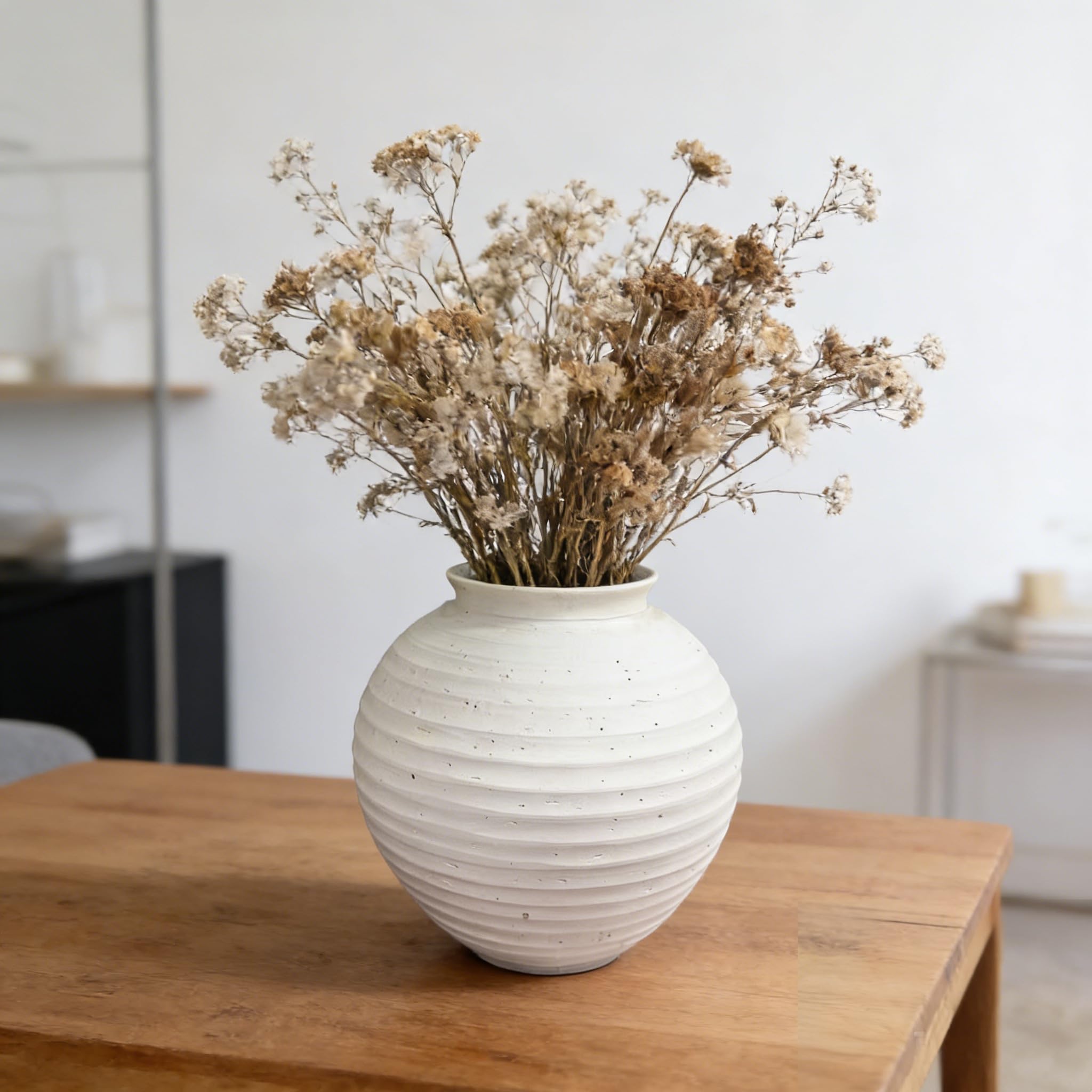 Handmade Ceramic Decorative Vase – Warm White Rustic Textured 10.4” Round Vase with Irregular Waves and Weathered Stone Finish for Home, Office, Farmhouse Decor