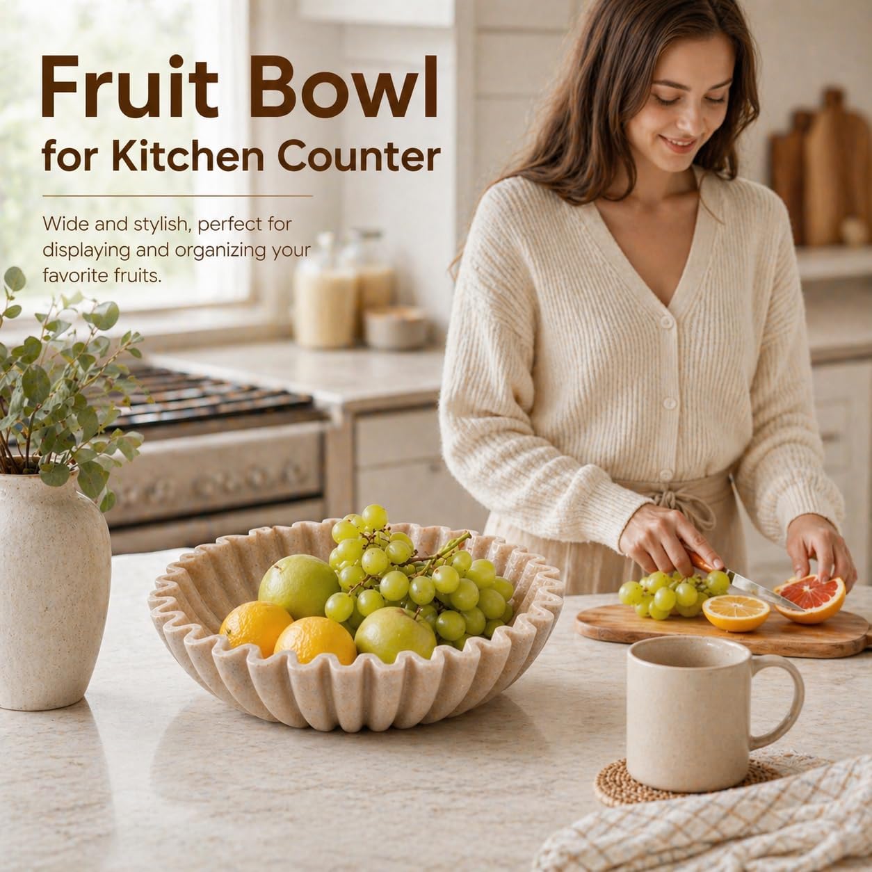 YMXYJM Large Decorative Bowl, Modern Handicraft Bowls for Home Decor, Fruit Bowl for Kitchen Counter, Ruffle Decor, Stylish Key Bowl for Entry Table, Artificial Stone Beige