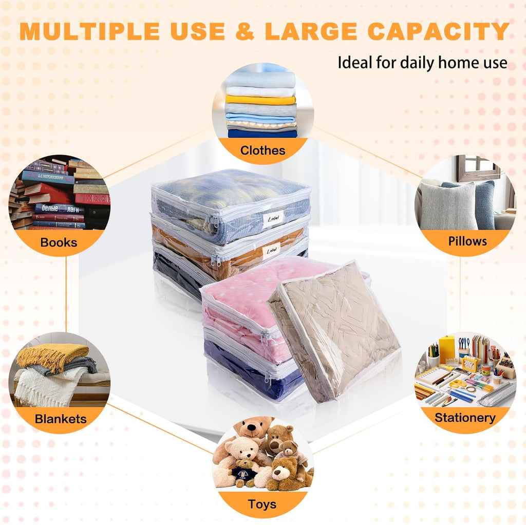 Clear Zippered Storage Bags Plastic Sweater Storage Bags with Zipper 6 Packs Clothing Organizer for Blankets Linen Sweater Bed Sheet Quilt Clothes Pillow (15.7 x 13.8 x 3.9 Inch, White)