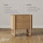 Nathan James Solace Mid Century Modern 2 Drawer Nightstand with Solid Wood Frame and Rounded Details, Raw Oak