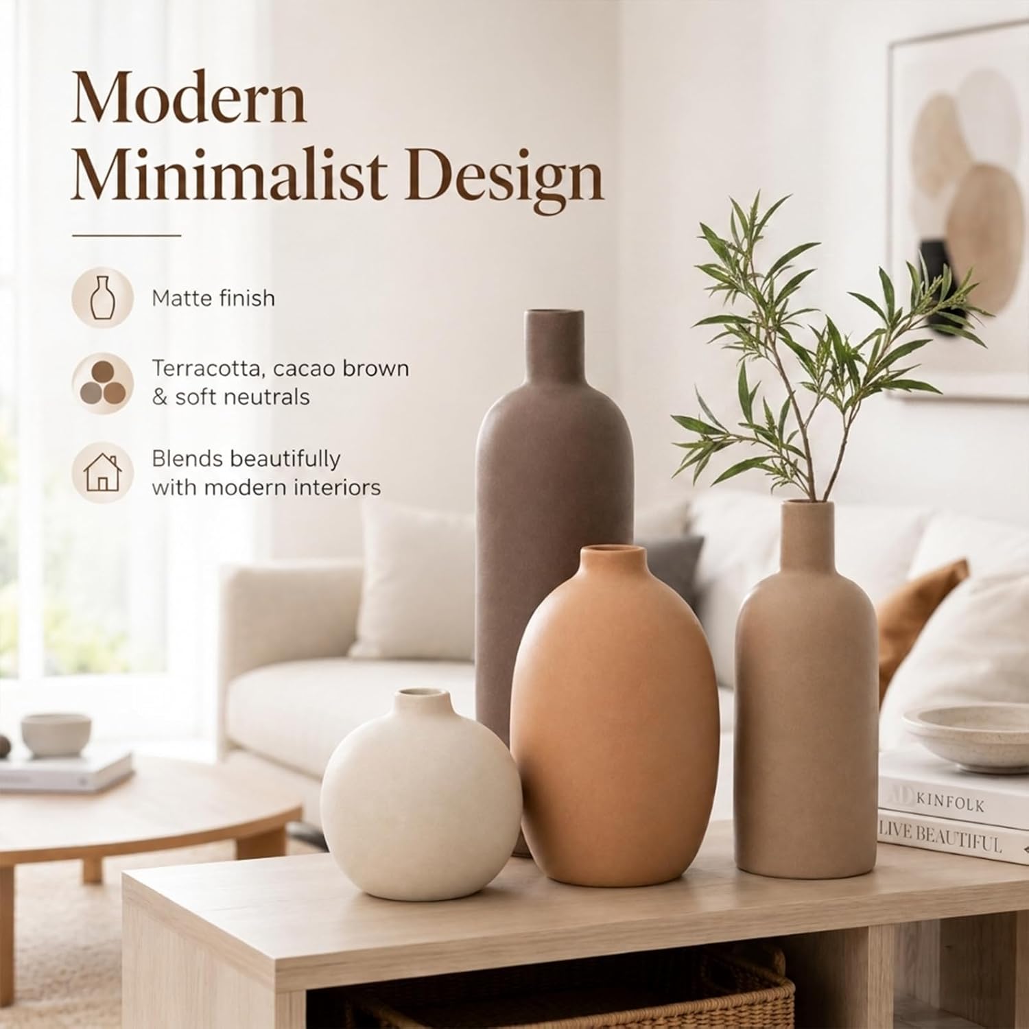 Ceramic Vase Set of 4 – Handmade Modern Minimalist Vases for Dried or Fresh Flowers, Matte Decorative Neutral Vases for Living Room, Table, Shelf & Entryway