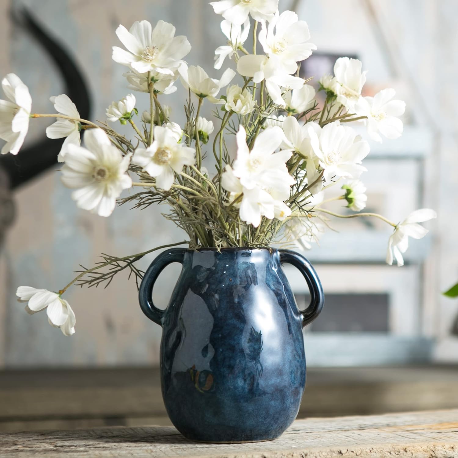 Tanvecle Blue Ceramic Vase with 2 Handles, Modern Farmhouse Decor, Rustic Terracotta Pottery, Decorative Flower Vases, Clay Small Vase, Centerpiece for Dining Table - 7 Inch Tall