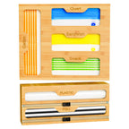 KOCWELL Bag Organizer and Plastic Wrap Dispenser with Cutter, 6 In 1 Bamboo Foil and Plastic Wrap Organizer for Kitchen Drawer, Food Storage Bag Organizer for Gallon,Quart,Sandwich,Snack(Yellow)