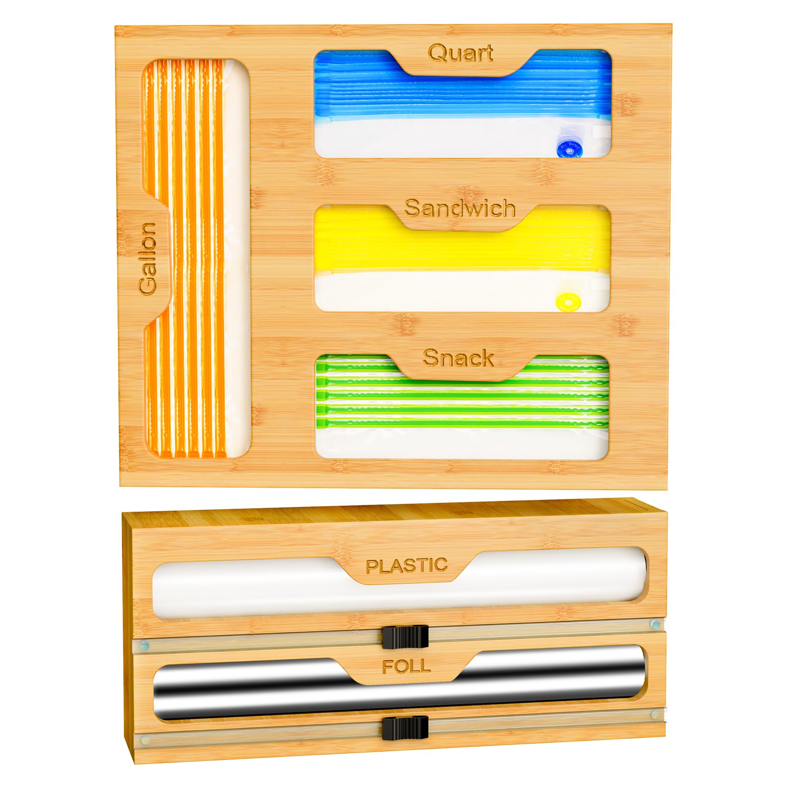KOCWELL Bag Organizer and Plastic Wrap Dispenser with Cutter, 6 In 1 Bamboo Foil and Plastic Wrap Organizer for Kitchen Drawer, Food Storage Bag Organizer for Gallon,Quart,Sandwich,Snack(Yellow)