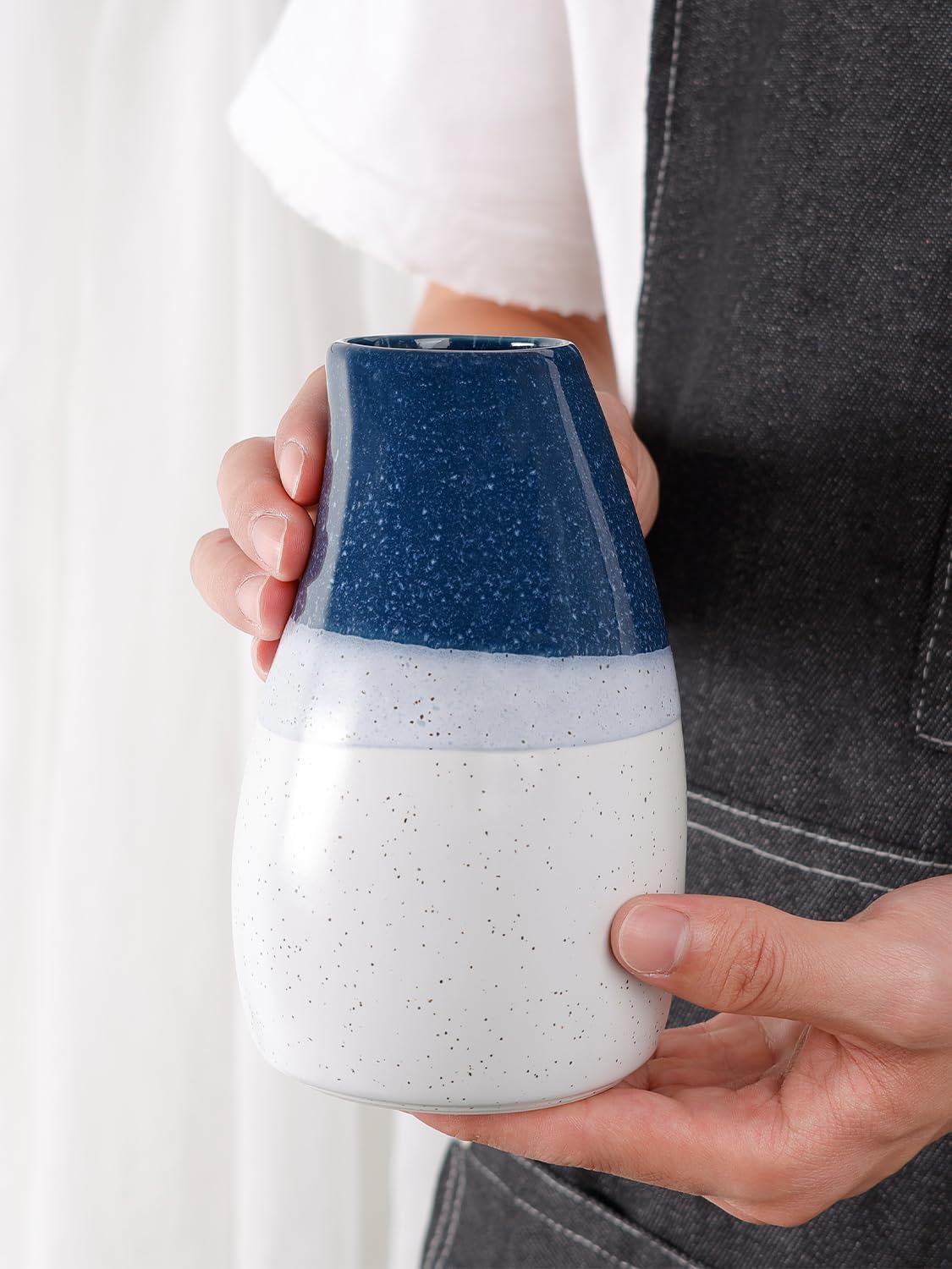 Ceramic Vase – 5.9” Tall Handmade Blue and White Glazed Pottery for Home Decor – Modern Asymmetrical Flower Vase for Living Room, Shelf, Table Centerpiece – 18oz / 500ml