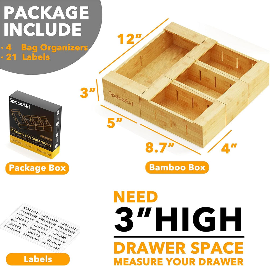 SpaceAid Bag Storage Organizer for Kitchen Drawer, Bamboo Organizer, Compatible with Gallon, Quart, Sandwich and Snack Variety Size Bag (4 Pack)