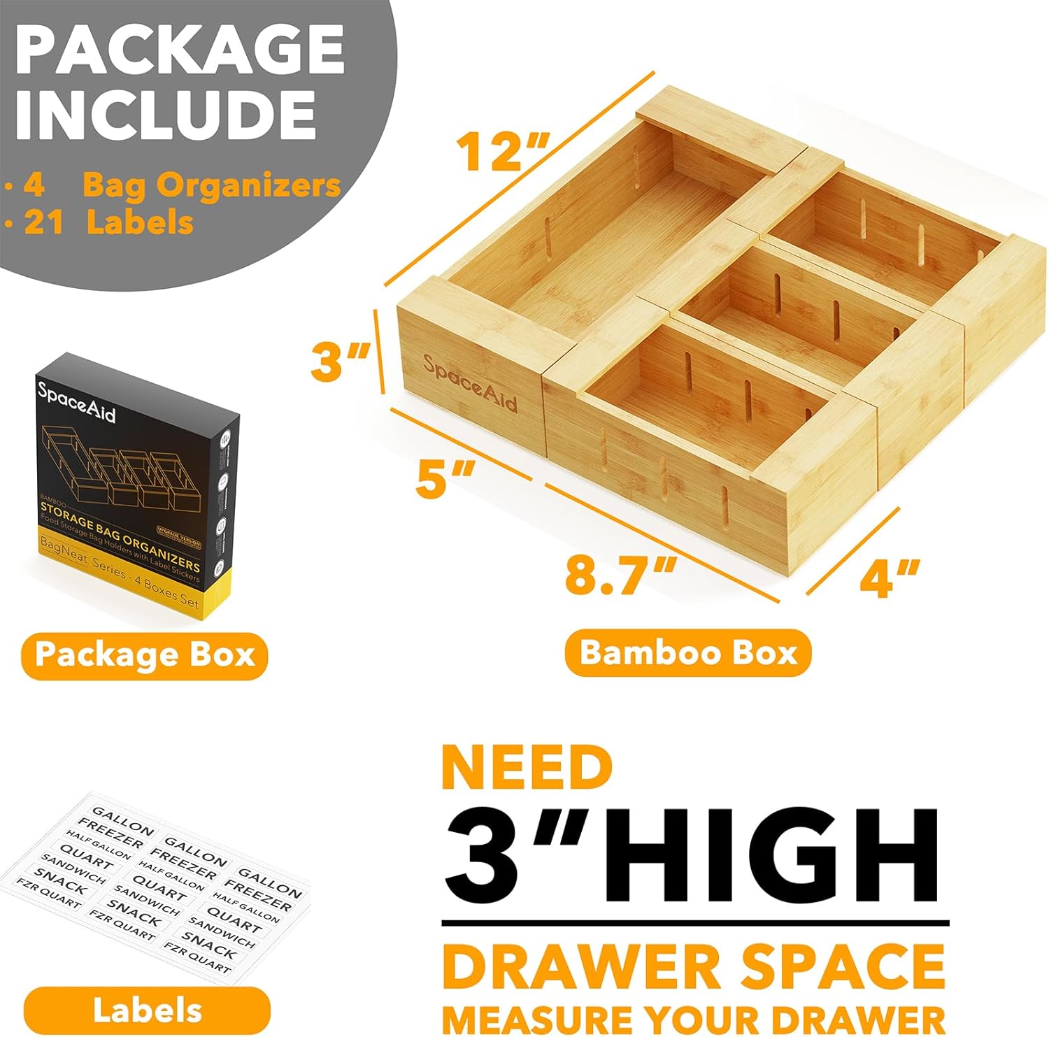 SpaceAid Bag Storage Organizer for Kitchen Drawer, Bamboo Organizer, Compatible with Gallon, Quart, Sandwich and Snack Variety Size Bag (4 Pack)