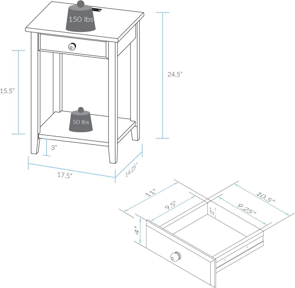 Casual Home Owl Night Stand with USB Port Charging Station and Drawer, 17.5"W x 14.25"D x 24.5"H, Warm Brown