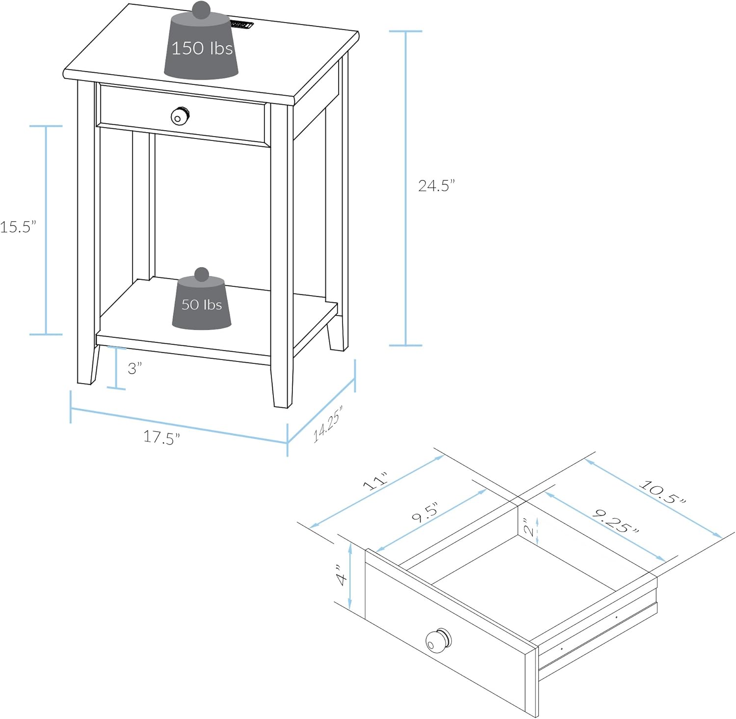 Casual Home Owl Night Stand with USB Port Charging Station and Drawer, 17.5"W x 14.25"D x 24.5"H, Warm Brown