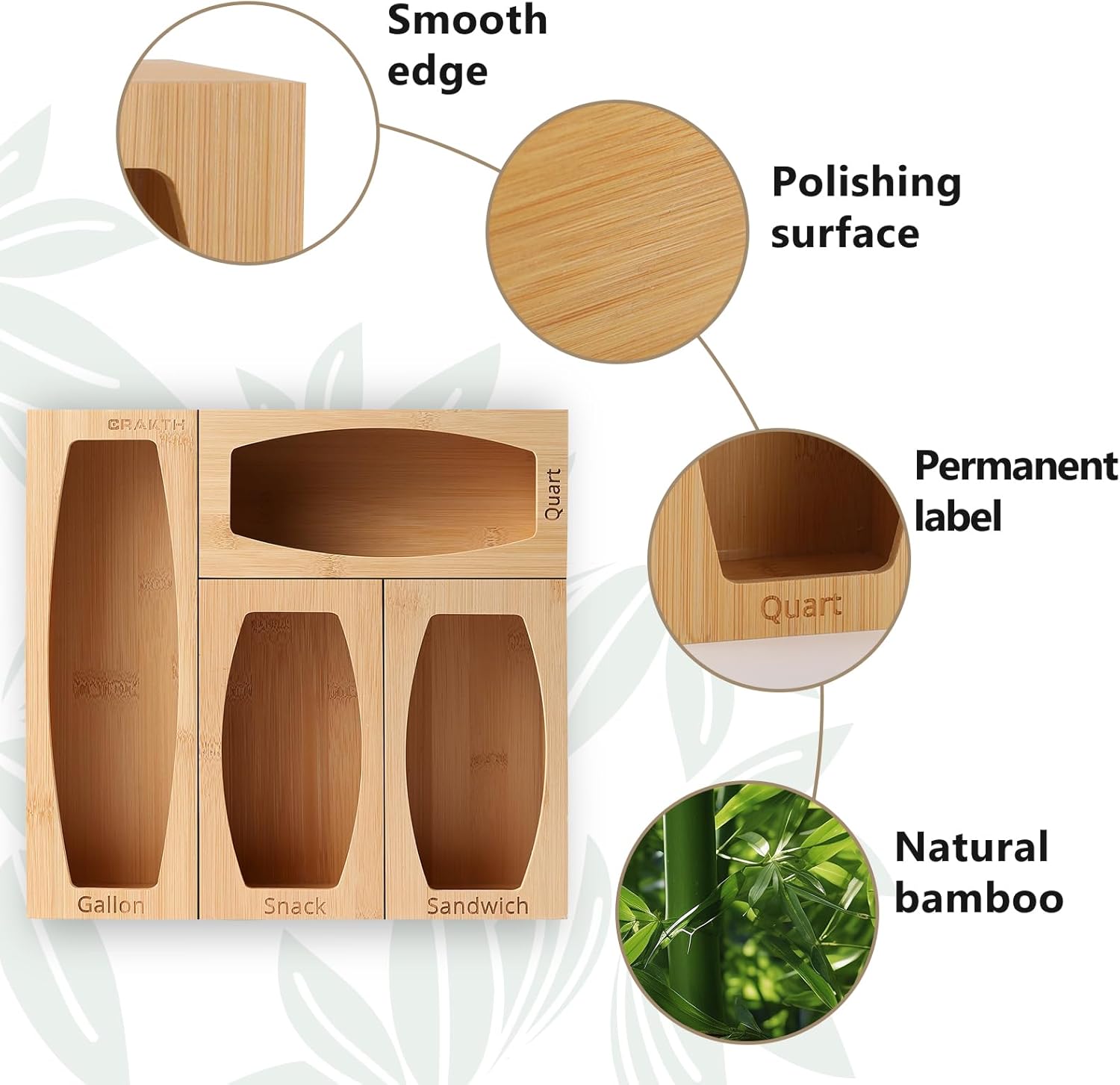 CRAKTH Bamboo Plastic Bag Storage Organizer for Kitchen Drawer, 4 Separate Baggie Organizer, Suitable for Gallon, Quart, Sandwich & Snack Variety Size Bag